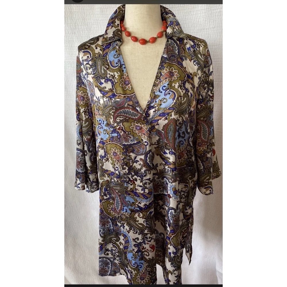 Zara Basic Womens Flowery Blue Paisley 3/4 Sleeve Pullover Tunic Top Size L NWT